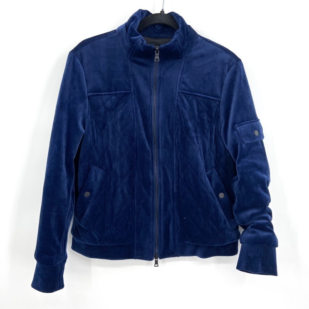 LAUNDRY BY SHELLI SEGAL Blue Velvet Quilted Full Zip Bomber Jacket Size Small
